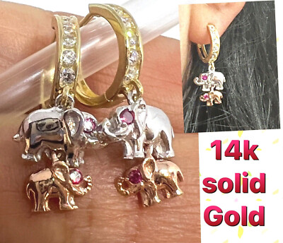 GoLD Elefant Huggies Ohrring 14k Creolen Viel Glück Glück CZ Massiv Geschenk Her 12mm
