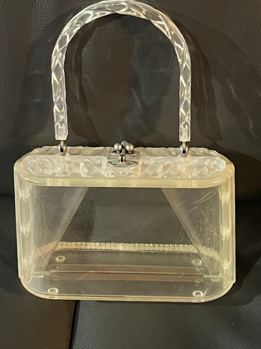 VTG 50s Clear Lucite Purse with Rhinestones Carved Lucite Handle