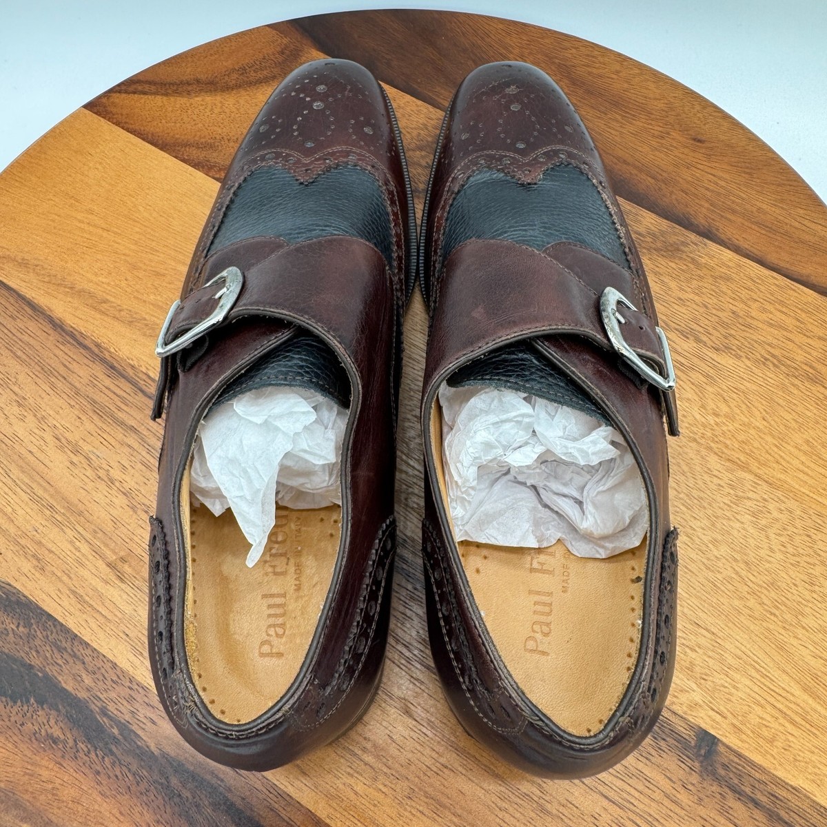 Paul Fredrick Men\'s Two-Tone Leather & Suede Monk Strap Shoe Brown & Navy Sz 9.5 Paul Fredrick Mens Sz 8 M Brown Two Tone Single Buckle Monk  main image 2
