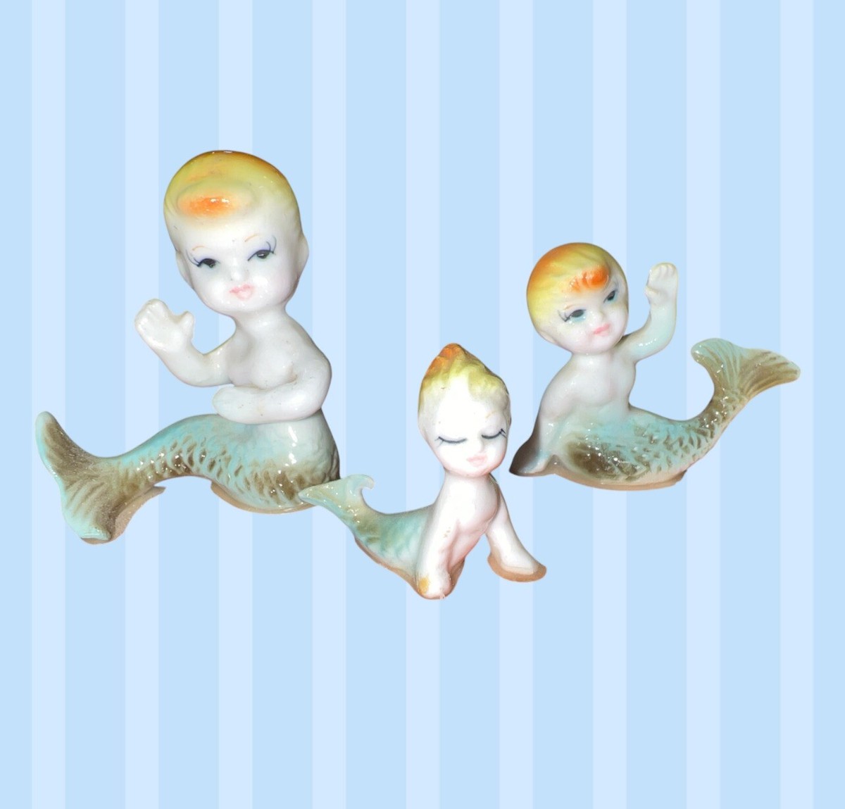 【手描き♡】ドイツ製 1920-1930年代 人魚の少女 陶器フィギュア Vintage Mermaid Bone China Kitschy Figurine Japan Set of 3