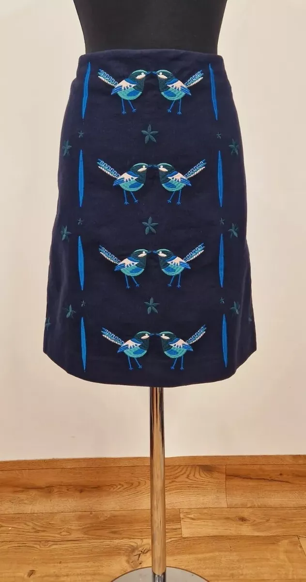 Boden bird skirt size 14 blue velvet navy cotton brand new Tilda