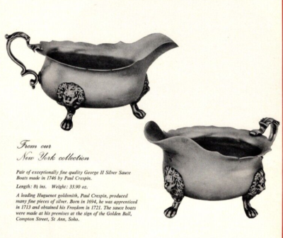 1974 S.J. SHRUBSOLE LTD PRINT AD, PAUL CRESPIN, SILVER SAUCE BOATS