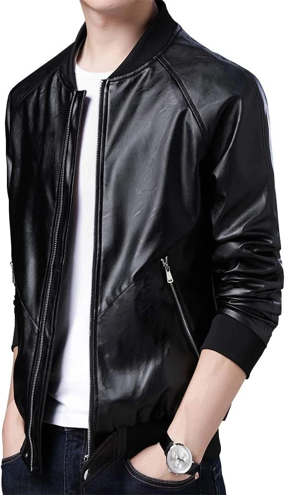 Men's Slim-Fit Black Faux Leather Bomber Jacket Genuine Leather 100% Pure