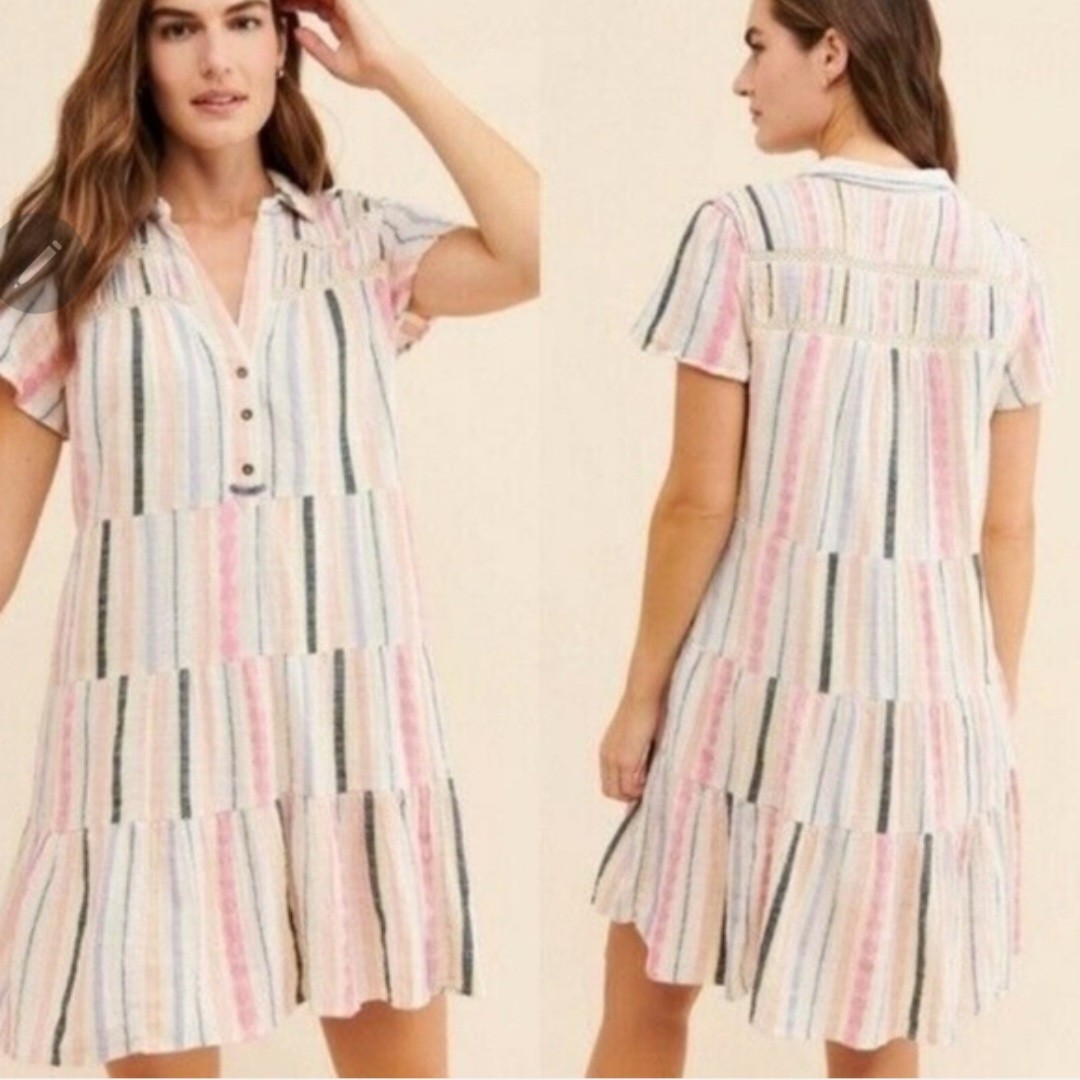 Anthropologie Georgina Tiered Cotton Striped Shirt Dress SZ XS Collared Flutter