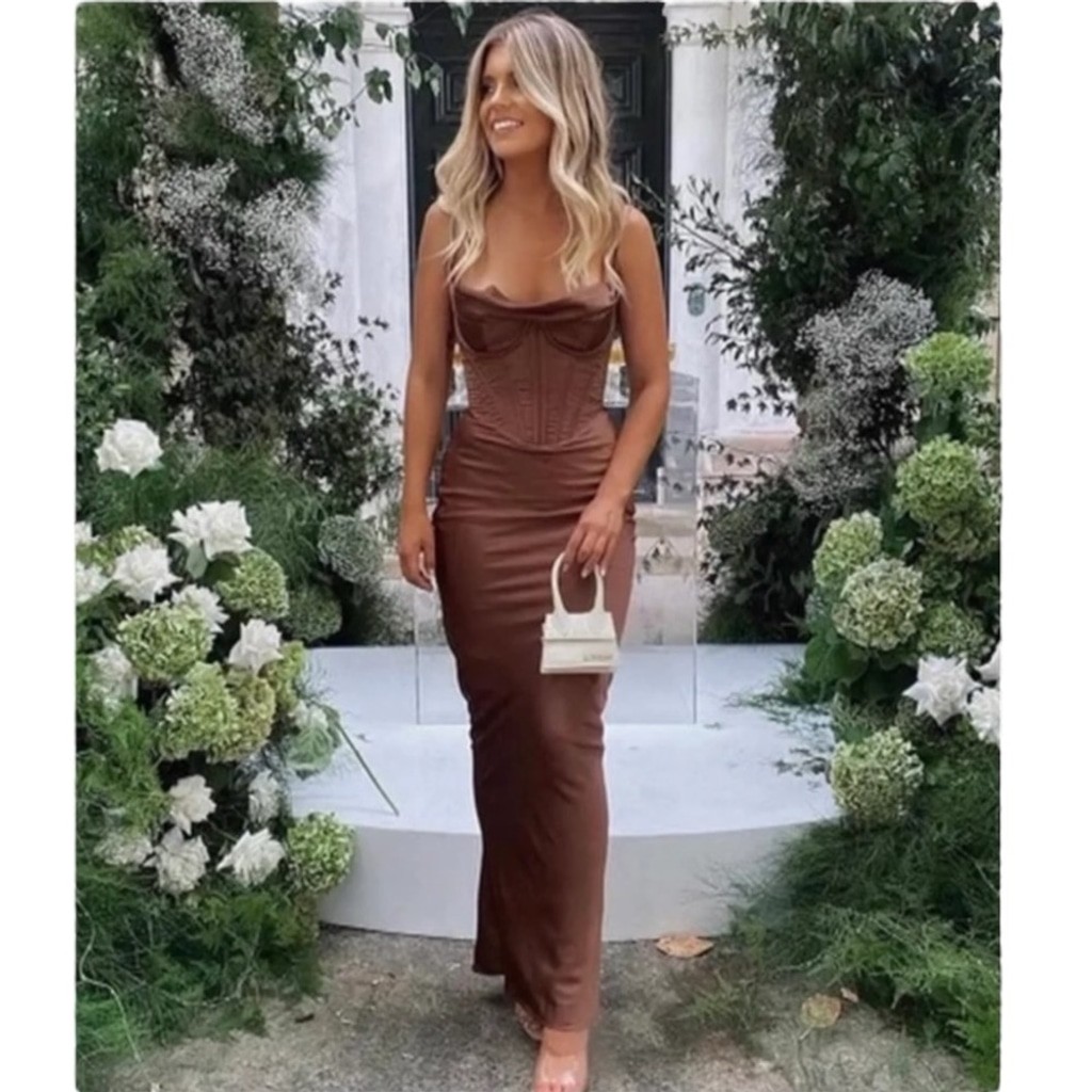 princess polly baby blue dress Women's Long-Sleeve Twist-Front Maxi Dress in Brown Pattern | Size XXS main image 0