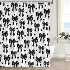 Black and White Bow Shower Curtain Cute Bows Heart Modern Aesthetic with Hooks