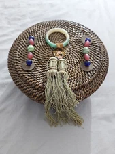 Vintage Chinese Sewing Basket Glass Beads Brass Coins EUC Asian History