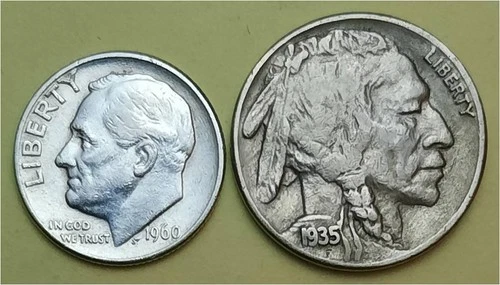 Lot of 2 Coins- 1 90% Silver Roosevelt 10c (1960D) & 1 Better Buffalo 5c (1935S)