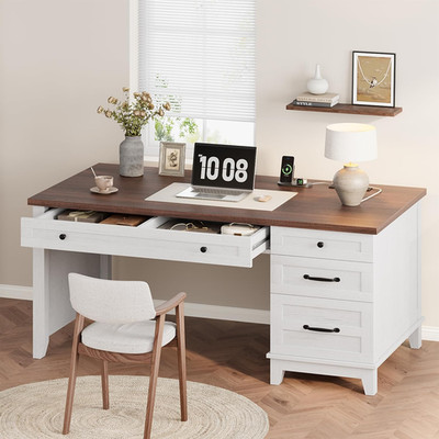 Rustic Wood Double Desk with Built-In Charging Station & 4 File Drawers, Spaciou