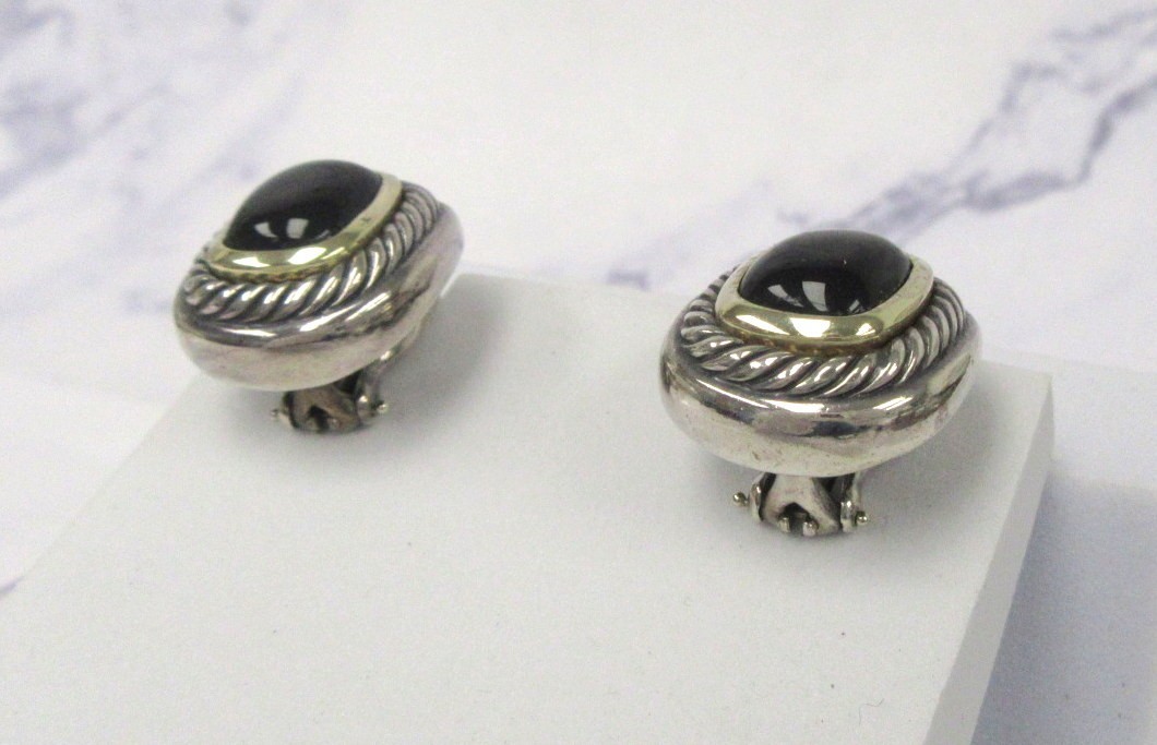 David Yurman Large Albion Black Onyx Sterling Silver & 14K Gold Earrings - 3/4"