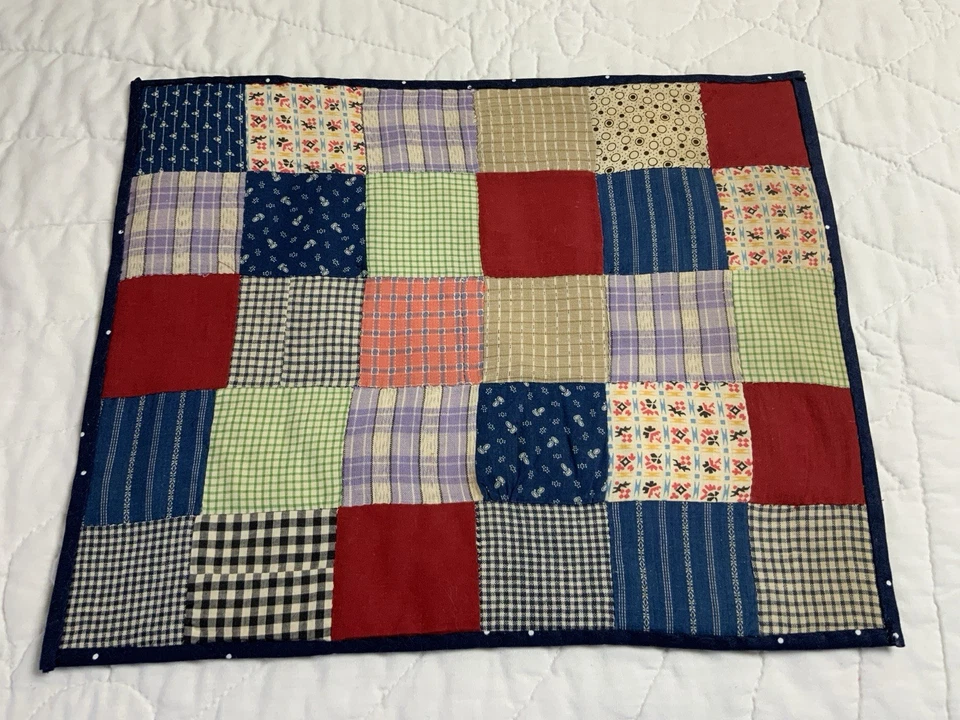 Antique Vintage Patchwork Quilt Table Topper, 4 Patch, Early Calicos, Red, Blue - Image 3 of 4