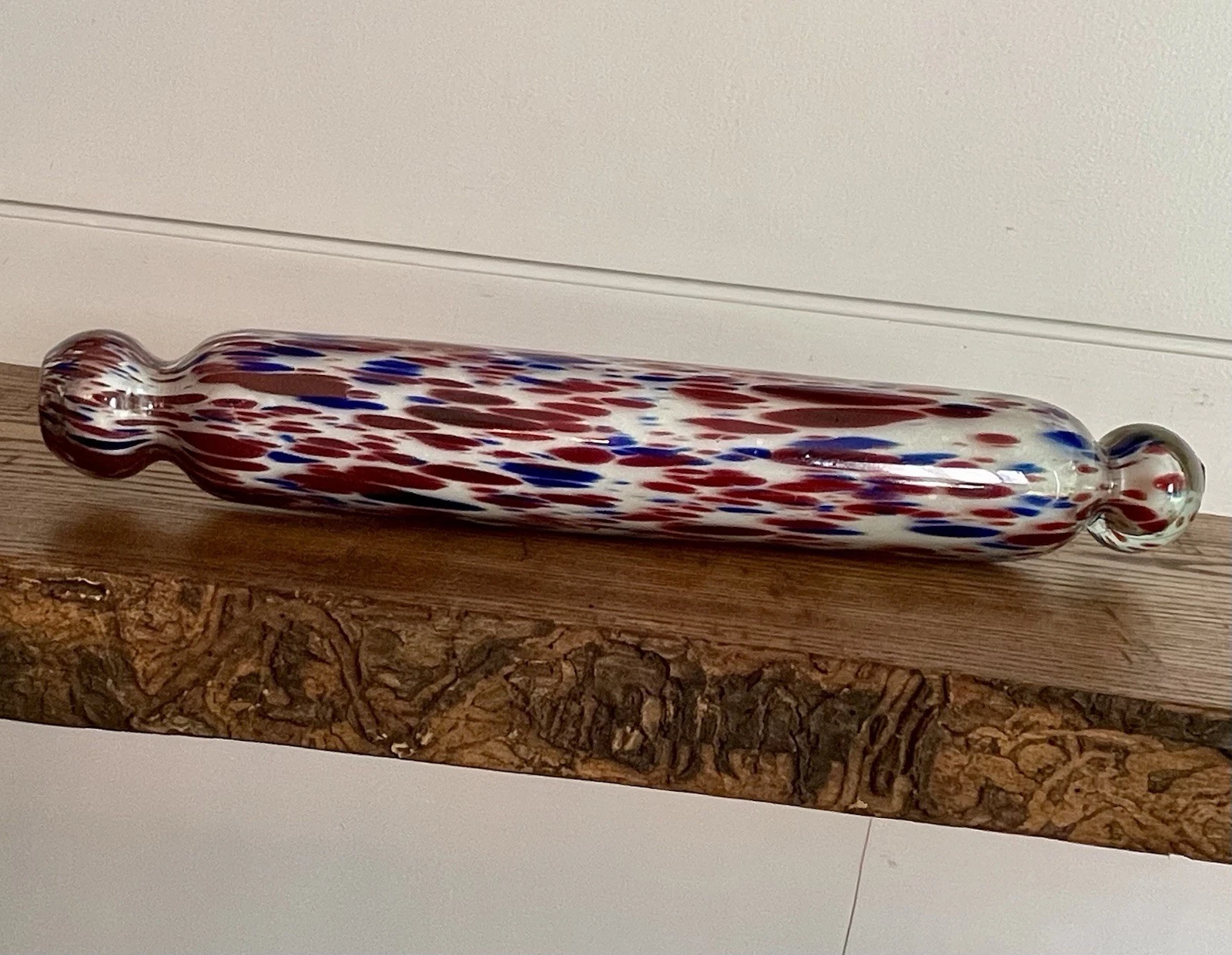 Victorian Nailsea Spatter Rolling Pin in Red & Blue & White Cased Glass C. 1885