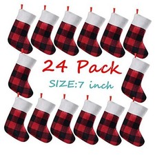 24 Pack Mini Christmas Stockings, 7 inches Buffalo Plaid with Plush Cuff