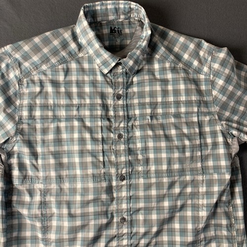 REI Technical Hiking Shirt Men's Large Blue Plaid Vented Button Up Short Sleeve