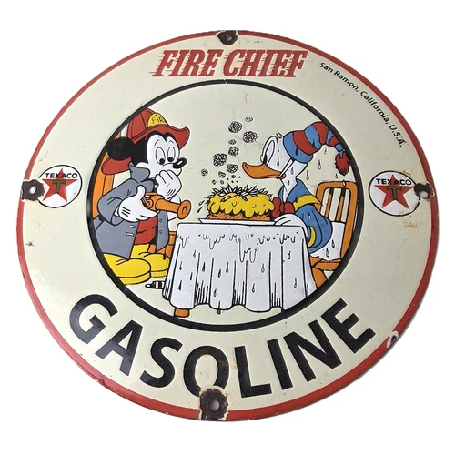 Vintage Texaco Gasoline Sign - Fire Chief Disney Mickey Gas Pump Porcelain Sign