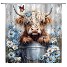 Highland Cow Shower Curtain Rustic Farmhouse Animal Cute Highland Cow Blue