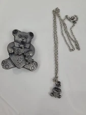 Torino Pewter Teddy Bear Trinket Box with 16" Necklace Pierced Earrings & Pin