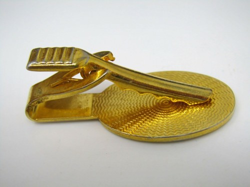 Fermacravatta vintage anni 70 modernista corsa atleti tono oro smalto ovale - Foto 4 di 5