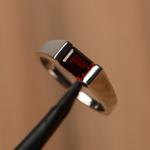 Red Garnet Women Ring Natural Gemstone Emerald Cut 925 Sterling Silver Ring