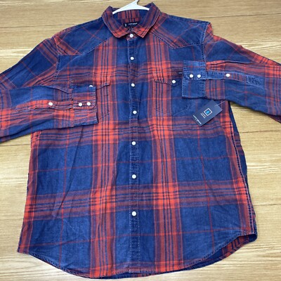 Camisa Con Botones Para Hombre Lucky Brand Indigo L Cuadros De Manga Larga Nueva