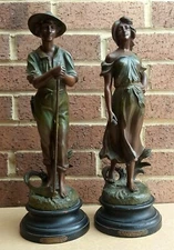 PAR A DE RANIERI PAIR OF BRONZE METAL STATUE FIGURINES OLD SCULPTURES ON STAND 