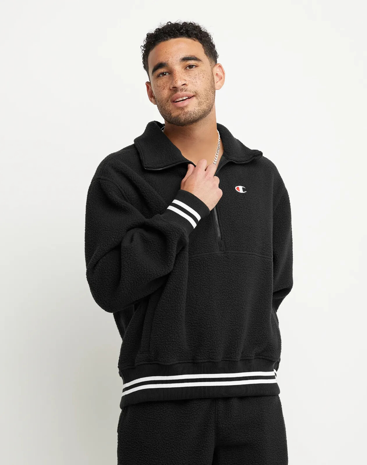Champion Mens WarmUp Jacket High Pile Fleece Half Zip Loose Fit Pockets Sz S-2XL