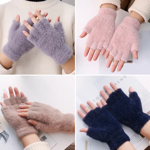 Womter Warm Half Finger Gloves,Fluffy Plush Fingerless Flip Gloves Flap Cover - Picture 4 of 29