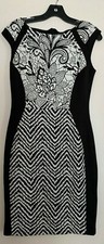Sz 4 - Black & Ivory Midi Pencil Dress / Slimming Visual Effect / Mixed Media Te
