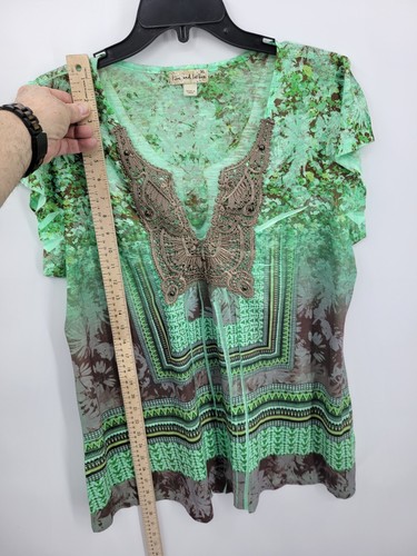 Let and Let Live Top Womens XL Green Artsy Boho Lace Trim Bell Sleeve Knit - Picture 6 of 10