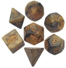 NEW 7 COUNT 16MM POLY DICE SET, BLACK-YELLOW W/GOLD