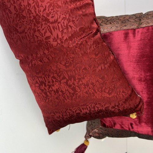 2 Designer Pillows Elegant Tasseled Velvet & Silk Wine & Gold 17”x 17” & 11”x24” - Picture 6 of 16