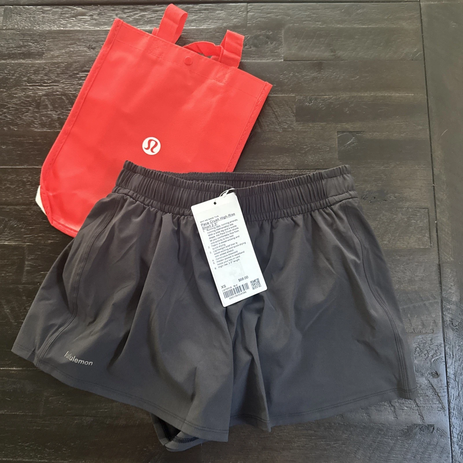New Lululemon Pace Crush High-Rise Shorts 2.5” (Black), XS W/ Reusable Tote
