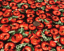 Red Cherries Green Leaves Packed on Black Timeless Treasures 100 Cotton 8"x22"