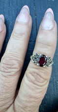 Sterling Silver Red Oval Garnet With Marcasite Accents Ring Size 5 Boho Hippie