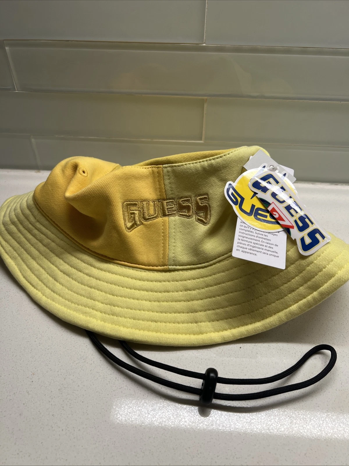 Guess Yellow Retro Logo Bucket Hat One Size Boonie Brim Sun Cap