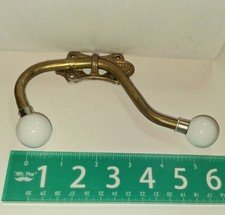 Vintage Twisted Brass Double Coat Hook Porcelain Knob Wall Mount 7" Long