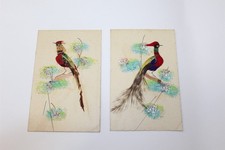 2 Handmade  Decorated Bird Art Cards Mounted On Deckle Edged Paper