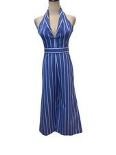 Alexis Halter Jumpsuit Sz Xs Blue White Stripe Wide Flare Leg Cotton Resort