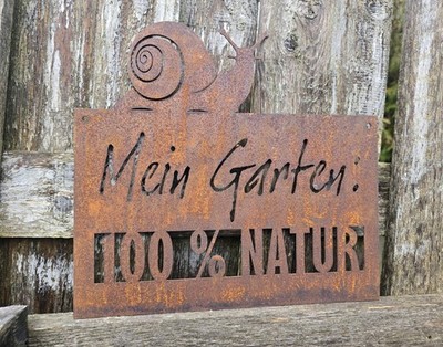 Gartenschild Rost Metall Schnecke ''Mein Garten 100% Natur'' 30x27cm