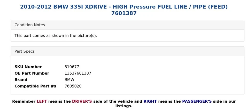 BMW 335I XDRIVE 2010-2012 - Línea de combustible de alta presión / tubo (alimentación) 7601387 Foto 3 de 4