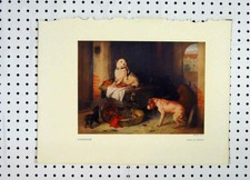 Original Old Antique Print Colour Dogs Playing Basket Trailer Landseer