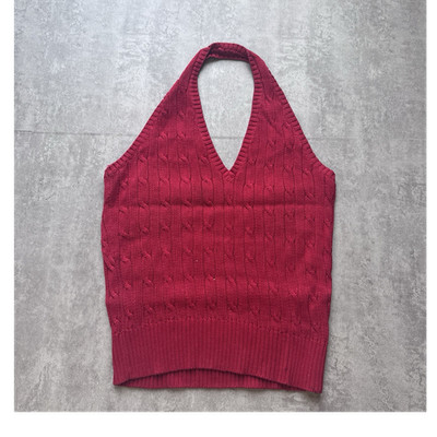 Ralph Lauren Damen Neckholder Stricktop Baumwolle Zopfmuster Rot Gr. XL