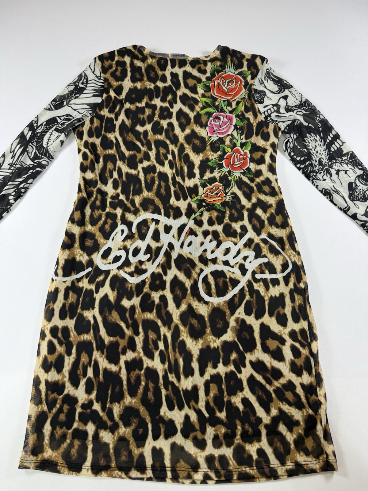 Ed hardy leopard ワンピース Ed Hardy 1X Leopard Bodycon Dress Virgin Mary Roses T… - Gem