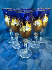 Czech bohemia crystal blue glass-Champan glasses 20 cm decorated gold and enamel