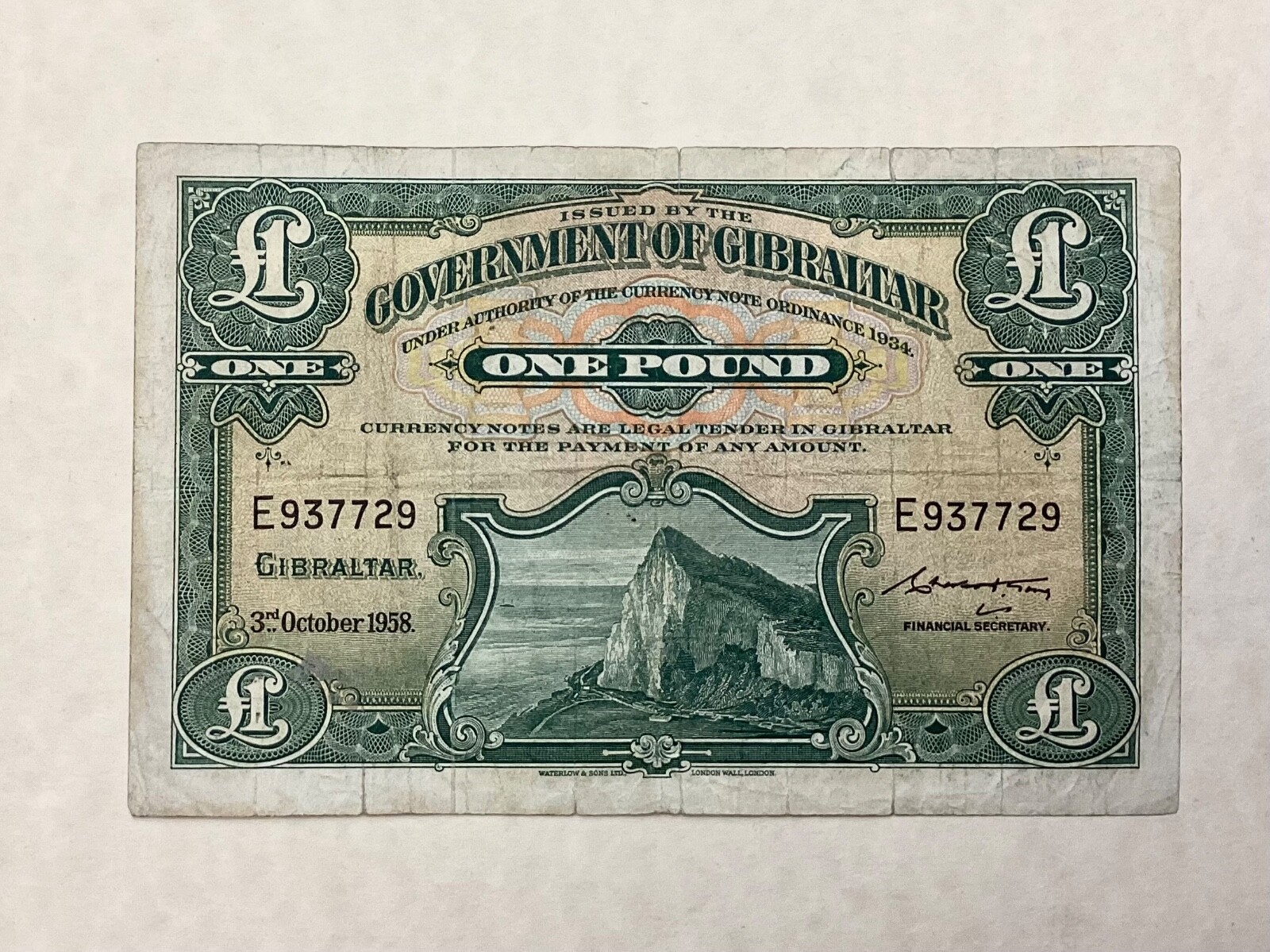 ~  Gibraltar 1958 - One Pound £1 Banknote