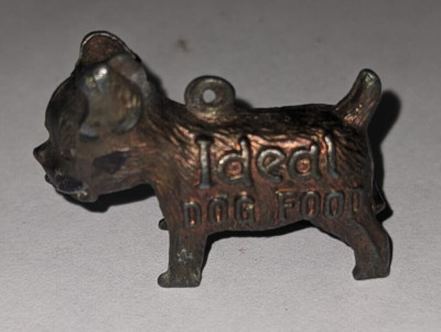 Vintage -  Ideal Dog Food - Good Luck Metal Dog Charm in Very Good Condition