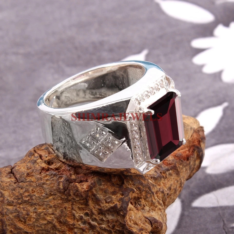 Piedra preciosa granate natural con anillo de plata enchapado en oro blanco de 14K para hombre #511 Foto 2 de 4