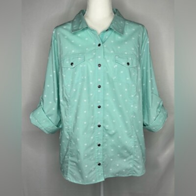 Christopher & Banks Mint Green Shirt Swiss Dot Breast Pockets Roll Tabs Sz XL