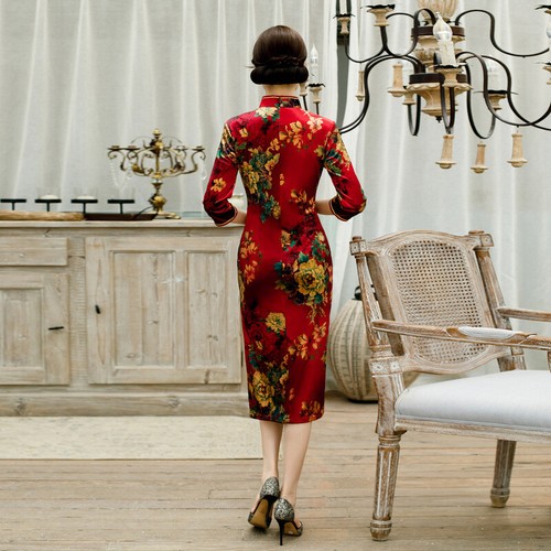 Chinese Velvet Cheongsam Women Midi Dress Wedding Qipao Size M to 3XL - Bild 4 von 15
