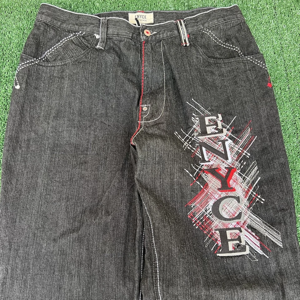 Vintage Y2K Men's Enyce Spellout Embroidered Black Wide-Leg Baggy Jeans 36x32 - Image 4 of 4